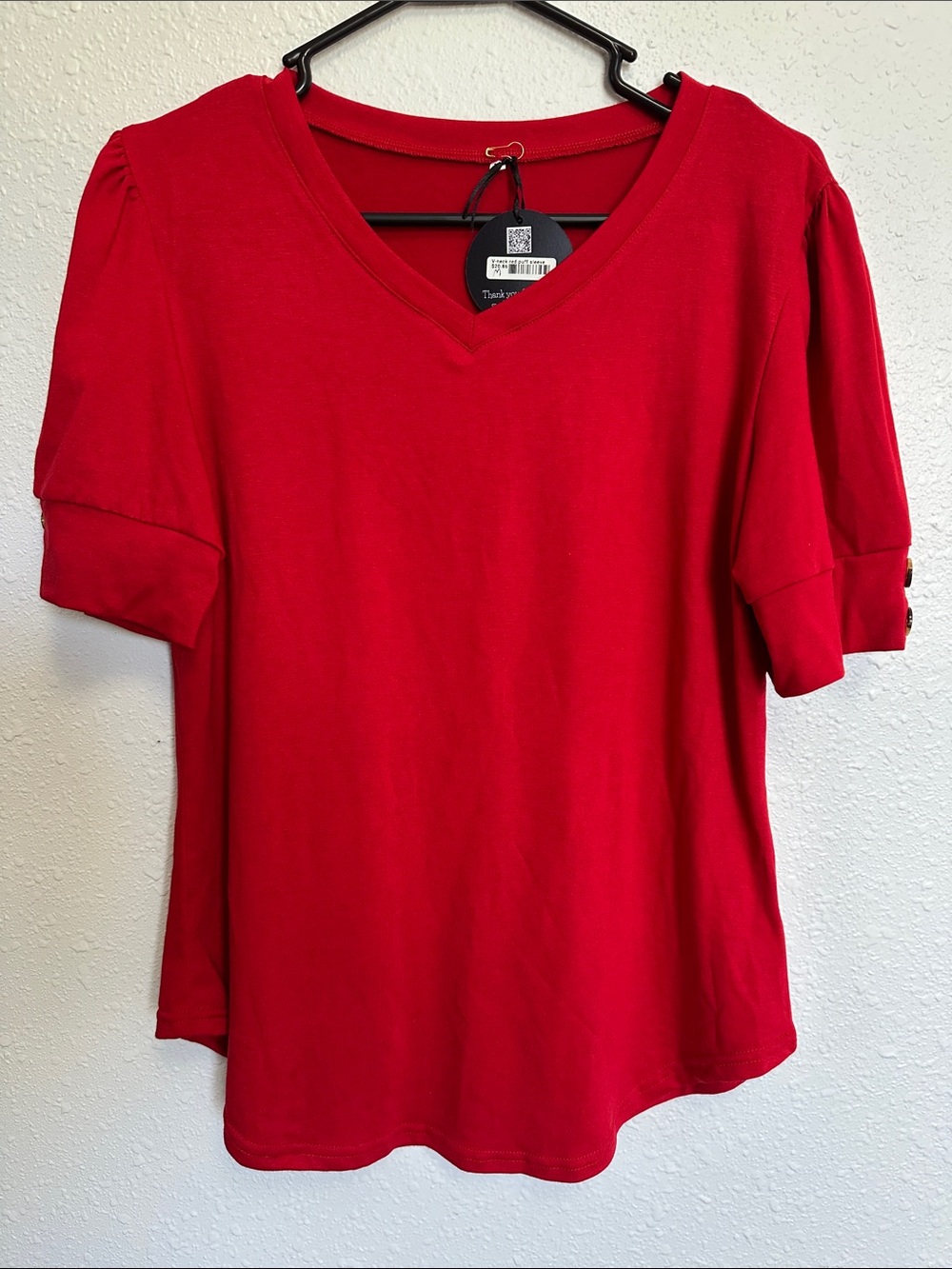 Women's Red V-Neck Short Sleeve Top with button embellishments Size Medium